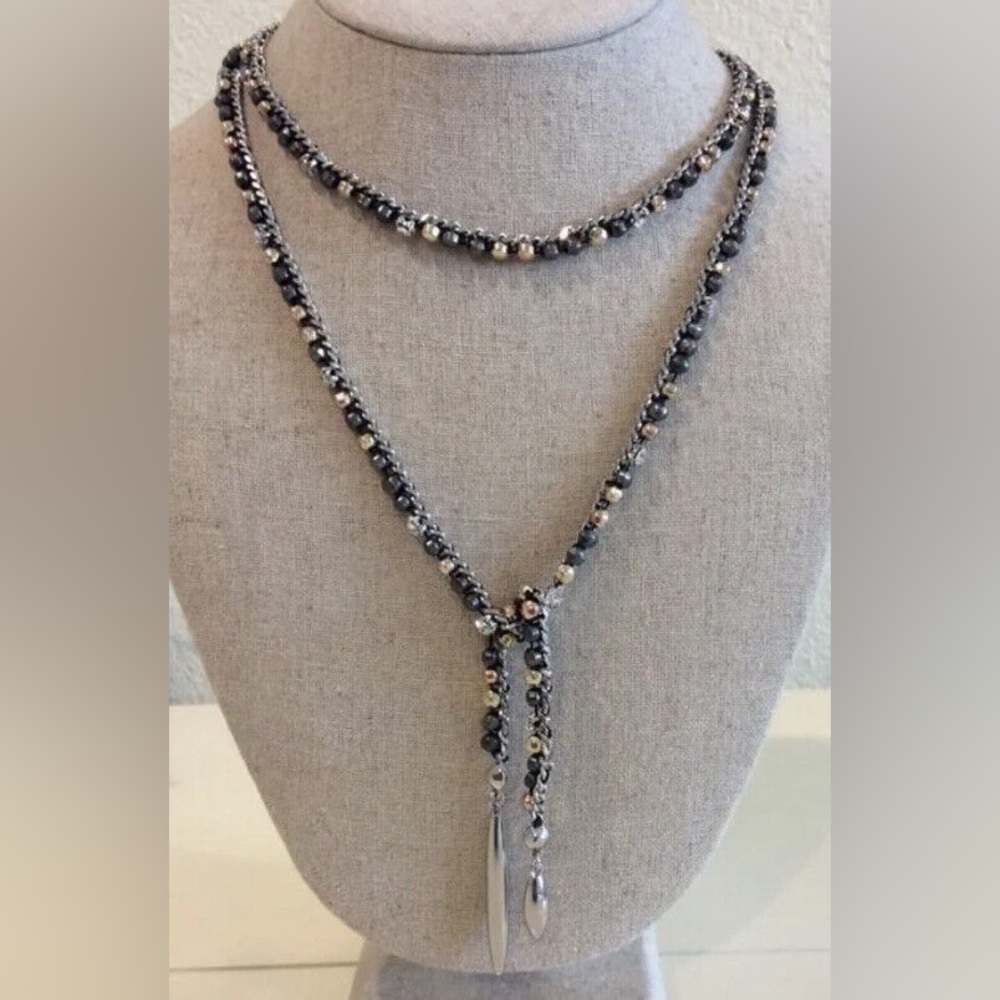 Stella & Dot Zoe Lariat Elegant Beaded Necklace with Silver Accents